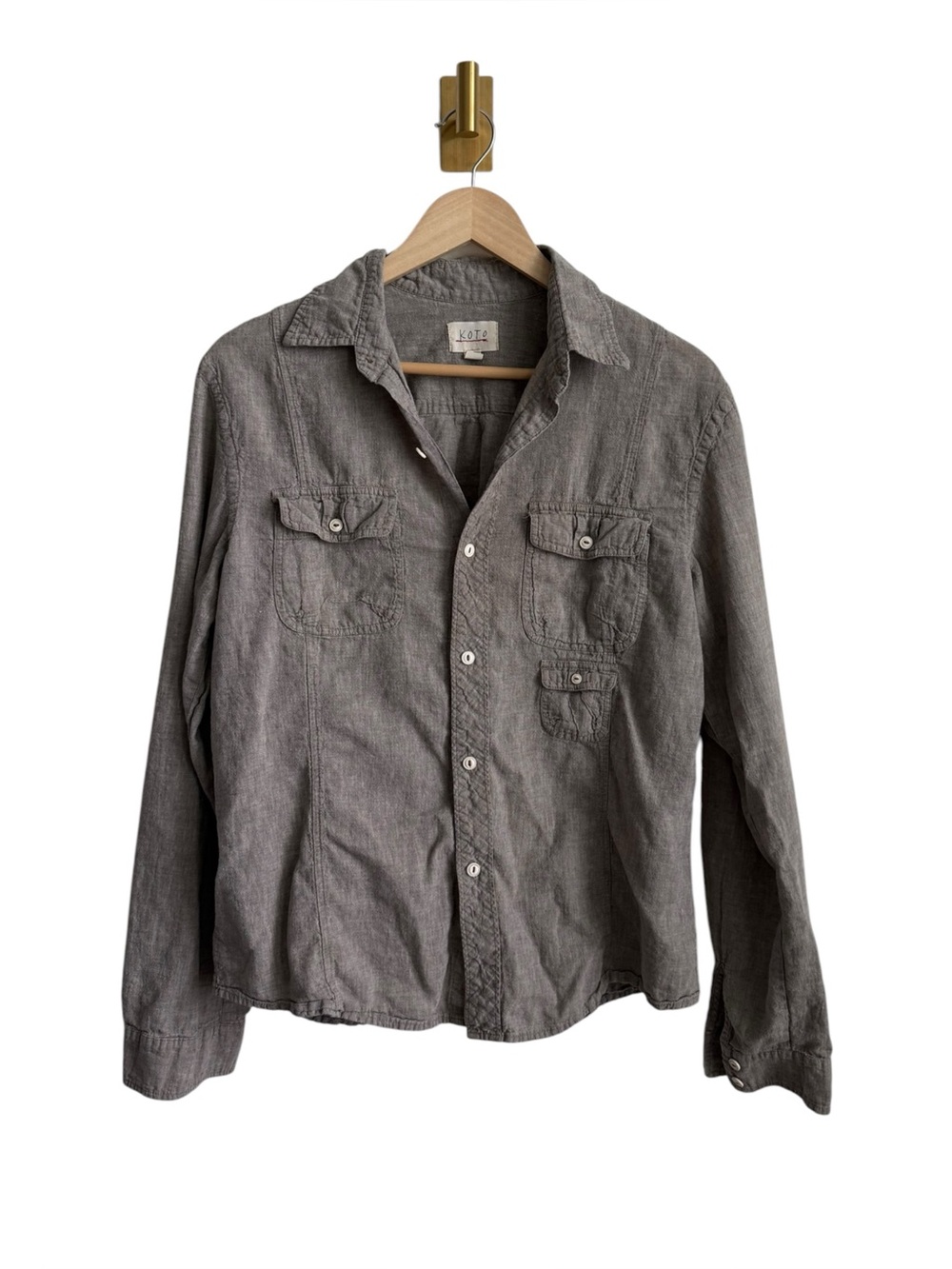 Koto Linen Cotton Button Down Shirt Gray/Brown Utility Pockets Men's Medium